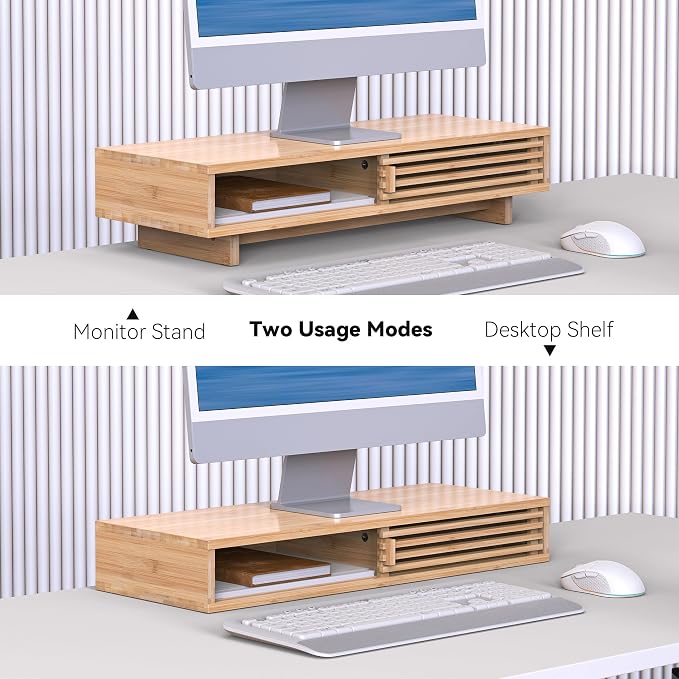 Monitor Stand Riser with Sliding Door, Computer Laptop Stand Desk Shelf