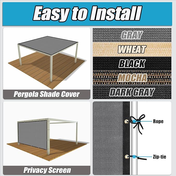 Amagenix 90% Shade Fabric 9'X 15' Gray Sun Shade Cloth with Grommets for Pergola Replacement Shade Cover Canopy, Heavy Duty, Cable Zip Ties Included (We Customized)