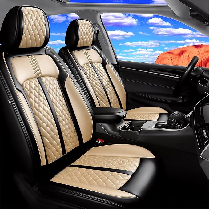 Fit Impala Car Seat Covers for Chevrolet/Chevy Impala 2000-2020, Premium Full Coverage Leather, Airbag Compatible, Waterproof All Weather Breathable Seat Protector, Front Pair Black+Beige