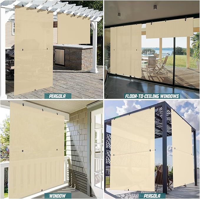 Bynbbur 8'W x 12'H Outdoor Patio Shades Foldable Roller Blinds, 220 GSM Sun Shade Roll Up Porch Screens Exterior Shade Cloth for Deck Pergola Backyard, Beige