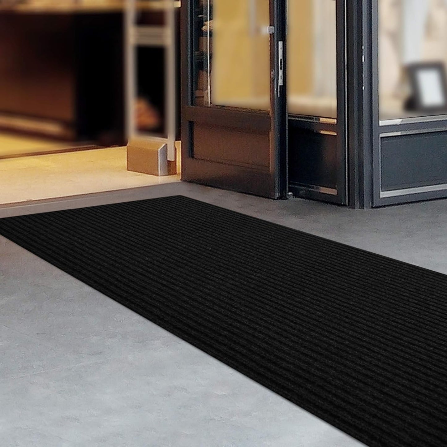 iCustomRug Spartan Weather Warrior Indoor/Outdoor Utility Ribbed Carpet Runner with Non-Slip Thermoplastic Rubber Backing, 28in X 70ft in Black