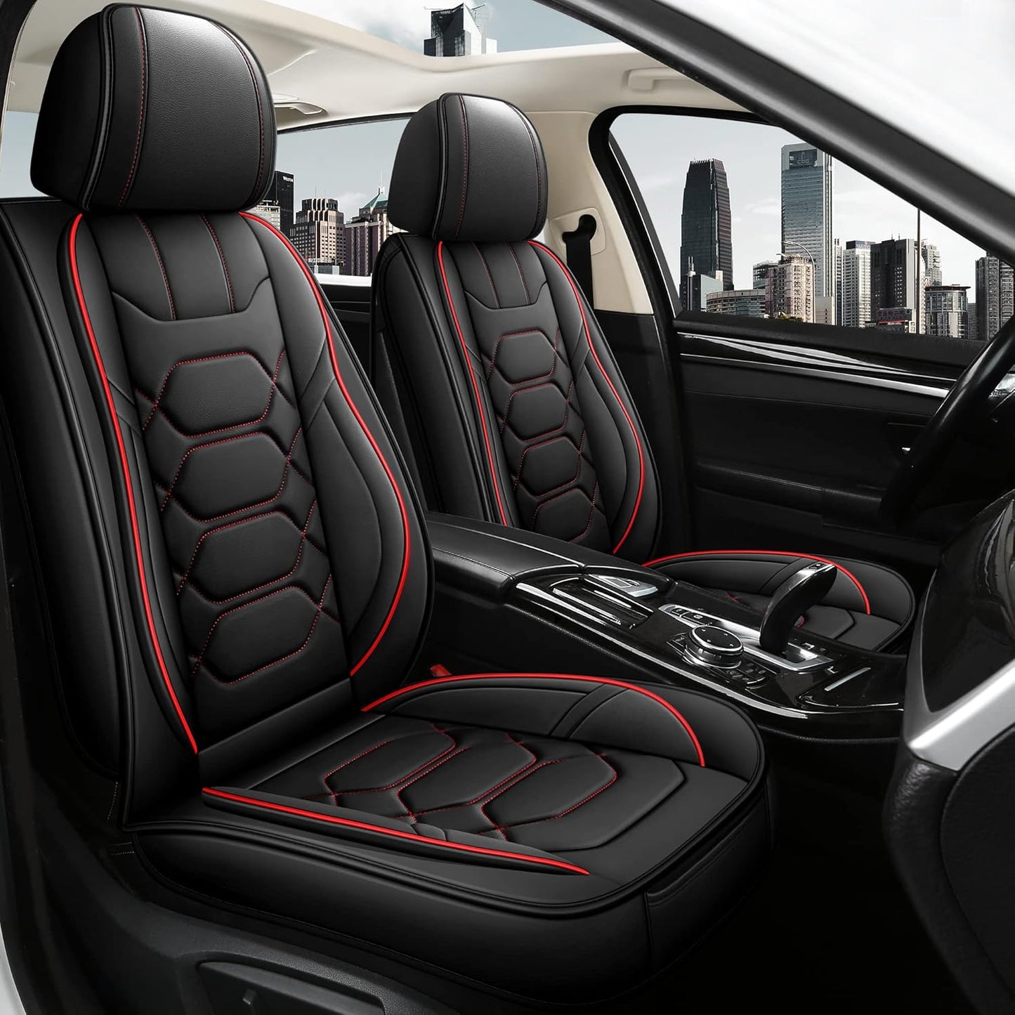 Pariitadin Leather Car Seat Covers Full Set, Waterproof Faux Leather Seat Covers for Cars, Non-Slip Car Interior Covers Universal Fit for Most Cars Sedans Trucks SUVs, Black/Red