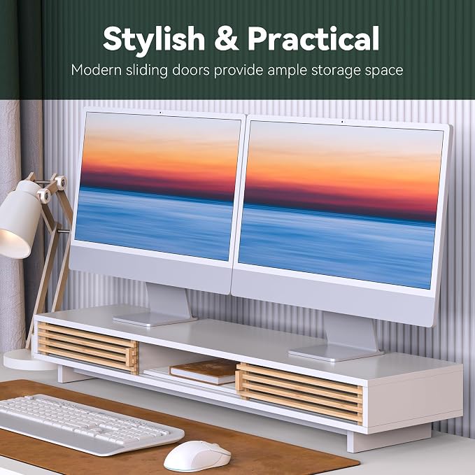 Dual Monitor Stand Riser with Sliding Door, Double Computer Laptop Stand Desk