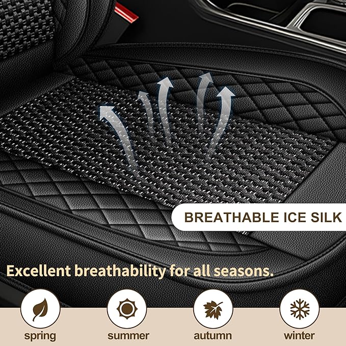 TTX LIGHTING for Ford Transit Connect 2010-2026 Car Seat Covers, Breathable Ice Silk & Leather Seat Protector, Cool & Anti-Sweat for Long Driving, Airbag Compatible, 2 Front Seats (Black)