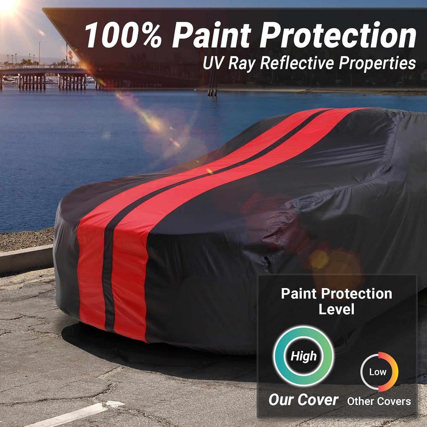 iCarCover Custom Car Cover for Pontiac Executive Wagon (1967-1970) Waterproof All-Weather Rain Snow UV Sun Protector Full Exterior Indoor Outdoor Car Cover (Stripe - Black/Red)