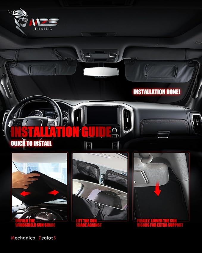MZS Windshield Sun Shade Compatible with Mustang 2024 2025 2026, Foldable Car Sun Shade Shield with Storage Pouch, Front Window Visor Sunshade Accessories for Interior Protector