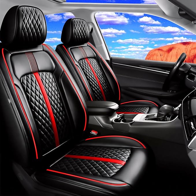 Fit Tahoe Car Seat Covers(2 Row 5 Seats) for Select Chevrolet/Chevy Tahoe 2000-2025 2026 - Full Coverage Leather, Waterproof & All Weather Seat Cushion Protector, Black with Red Trim