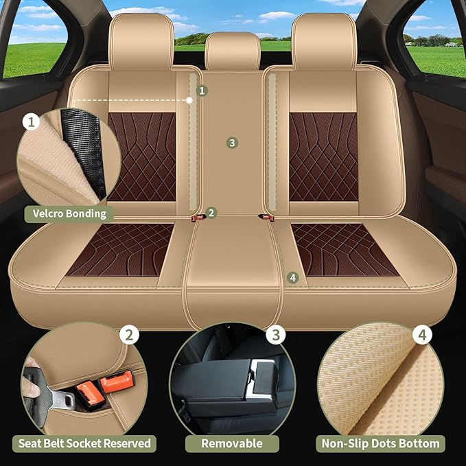Breathable Car Seat Covers for Toyota Highlander 2026 2025 2024 2023 2022 2021 2020 2019 2018 2017 2016 2015 2014 2013 2012 2011 2010 2009 2008, Perforated Leather Full Set 5 Seats (Beige&Brown)