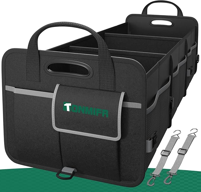Heavy-Duty Trunk Organizer & Multi-Compartment Storage Box for SUV/Sedan/Minivan,600D Waterproof Oxford,2 Securing Hooks & Reflective Strips-Large Capacity Organiser(92L)