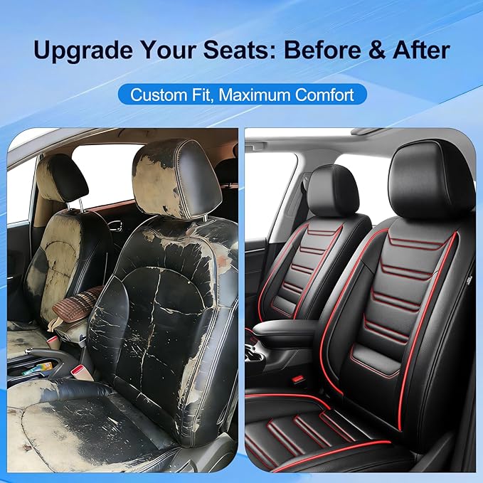 Car Seat Covers for Select Honda Fit 2007-2020, Premium Full Coverage Leather, Airbag Compatible & Scratch-Resistant, Waterproof & All Weather Breathable Seat Protector, Full Set, Red Trim