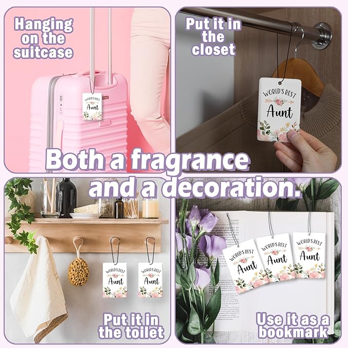 Aunt Auntie Gifts Car Air Freshener Accessories 3pcs,World's Best Gifts for Aunt Christmas, Pink Flower Rustic Hanging Scent Lavender Fragrance Card for Women Closet Bathroom Home Decor