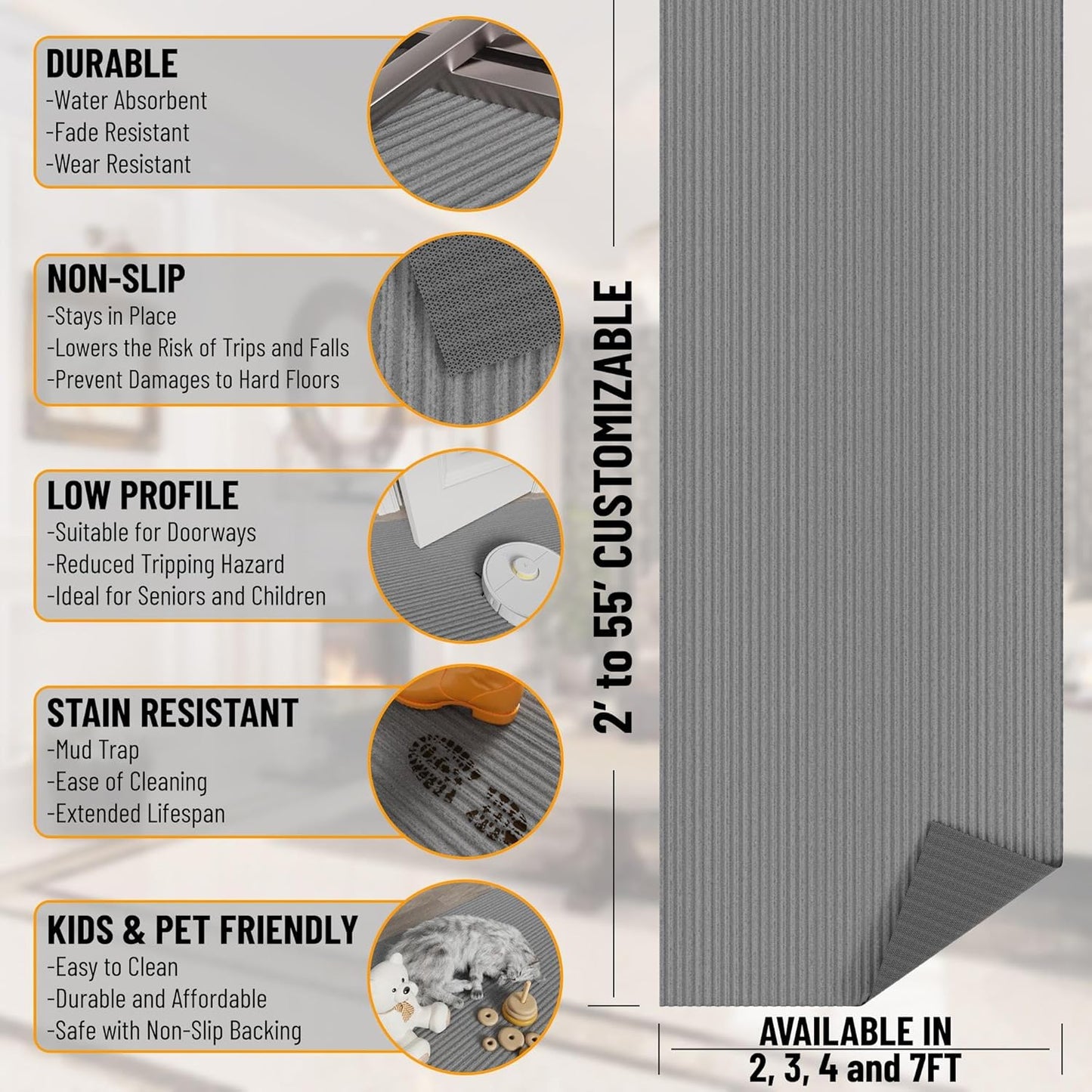 Ottomanson 2'7" x 12' Hallway Runner with Scraper Pile - Extra Durable Non-Slip Rug Mat for Indoor & Outdoor Use - Ideal for Kitchen, Entryway & Garage - High-Traffic Carpet, Gray