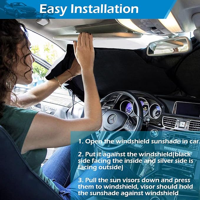 IC ICLOVER Car Windshield Sun Shade, 210T Material Foldable Front Window Sun Visor Protector, Blocks Heat and UV Rays Sun Protection Shield, Keep Your Car Cool, Fits Vans, MPV, Large Vehicles (Large)