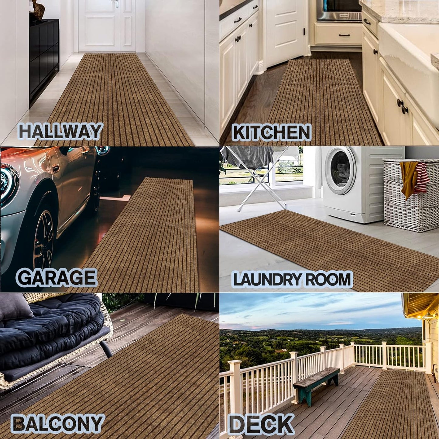 Custom Size Backed Non-Slip Area Rugs Runner, Easy Clean, Waterproof Runner Rugs for Hallway Entryway, Kitchen, Laundry, 2FT x 72FT, Brown Stripe