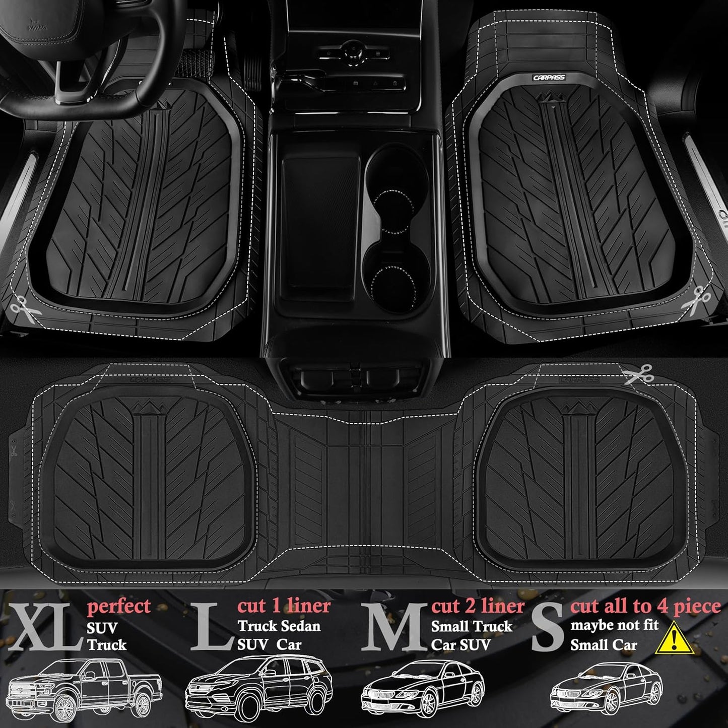 CAR PASS Rubber Leather Steering Wheel Cover Large-Size 15.5-16 Inches Fit for Truck SUV Large Car Ram F150 Tundra 4Runner Tacoma, XXL Heavy Duty Deep-Dish Car Floor Mats, Trim-to-Fit Car Mat Black