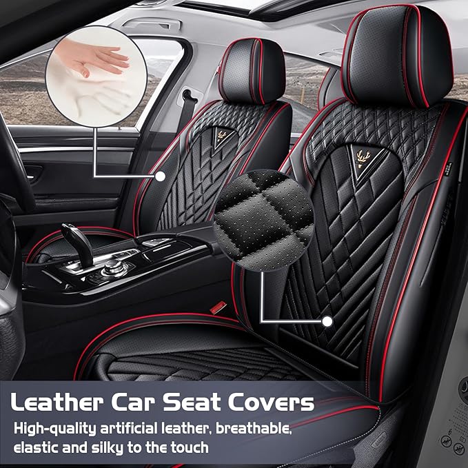 Truck Seat Covers for Ford F250 2011-2026, Waterproof Premium Leather Full Coverage Car Seat Cover, Muscle Sport Style Auto Interior Seat Cover Sets (Front Set/Black Red)