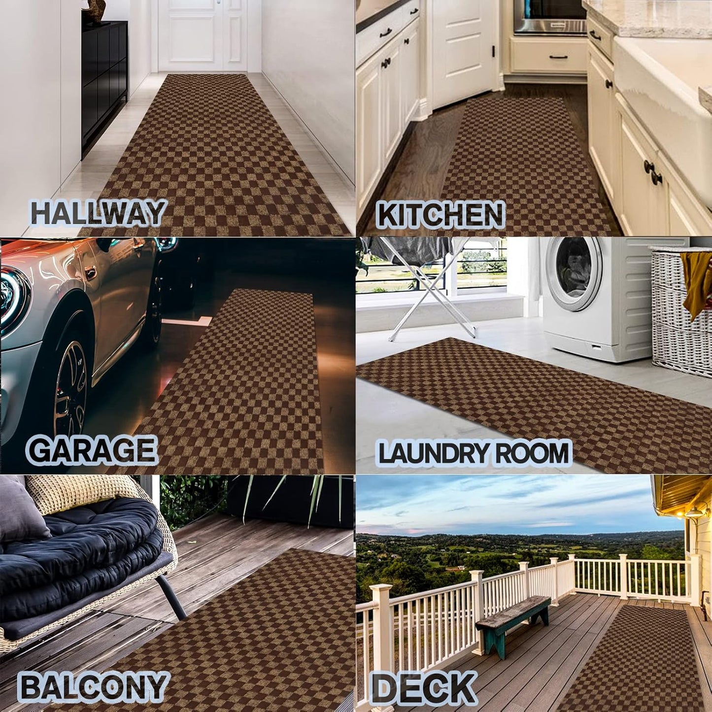 Custom Size Backed Non-Slip Area Rugs Runner, Easy Clean, Waterproof Runner Rugs for Hallway Entryway, Kitchen, Laundry, 4FT x 33FT, Brown Checkered