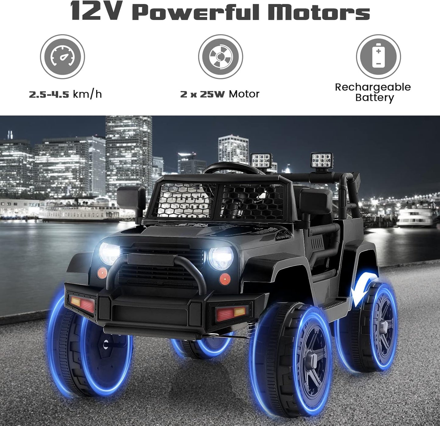 OLAKIDS Kids Ride On Truck, 12V Electric Vehicle Jeep Car with Remote Control, Toddlers Battery Powered Toy with 2 Speeds, Spring Suspension, Double Open Doors, LED Lights, Music, TF, USB, Mp3 (Black)