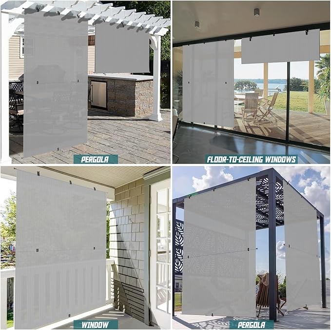 Bynbbur 7'W x 12.5'H Outdoor Patio Shades Foldable Roller Blinds, 220 GSM Sun Shade Roll Up Porch Screens Exterior Shade Cloth for Deck Pergola Backyard, Light Gray