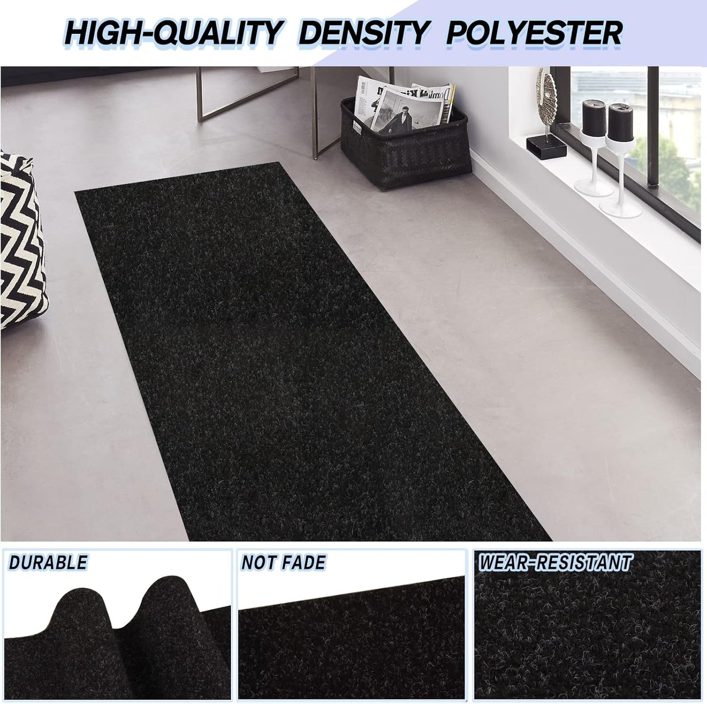 Custom Size Backed Non-Slip Area Rugs Runner, Easy Clean, Waterproof Runner Rugs for Hallway Entryway, Kitchen, Laundry, 4FT x 31FT, Black