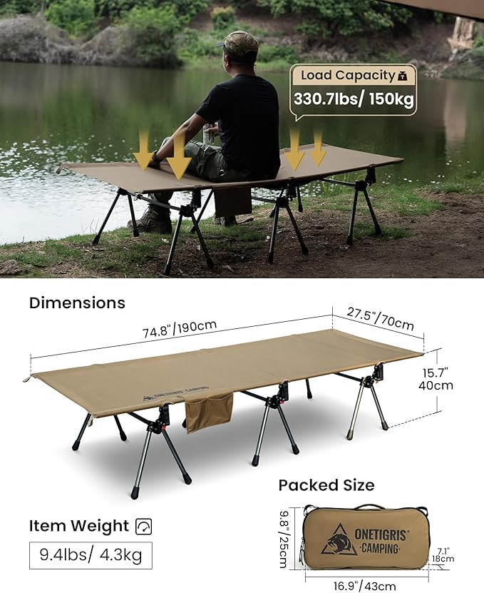 ONETIGRIS SUPRANUBIS Camping Cot, Height Adjustable with Cot Leg Extenders, Strong Support 330lbs, Lightweight Comfortable Folding Bed for Camping, Hiking, Travel, Truck, Beach, Office Nap