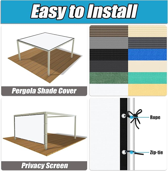 Amagenix 90% Pergola Shade Cover 10' X 10' Sun Shade Cloth with Grommets for Outdoor Garden Patio Porch, Commercial Grade 200 GSM - Cable Zip Ties Included (We Customized) GN108, White