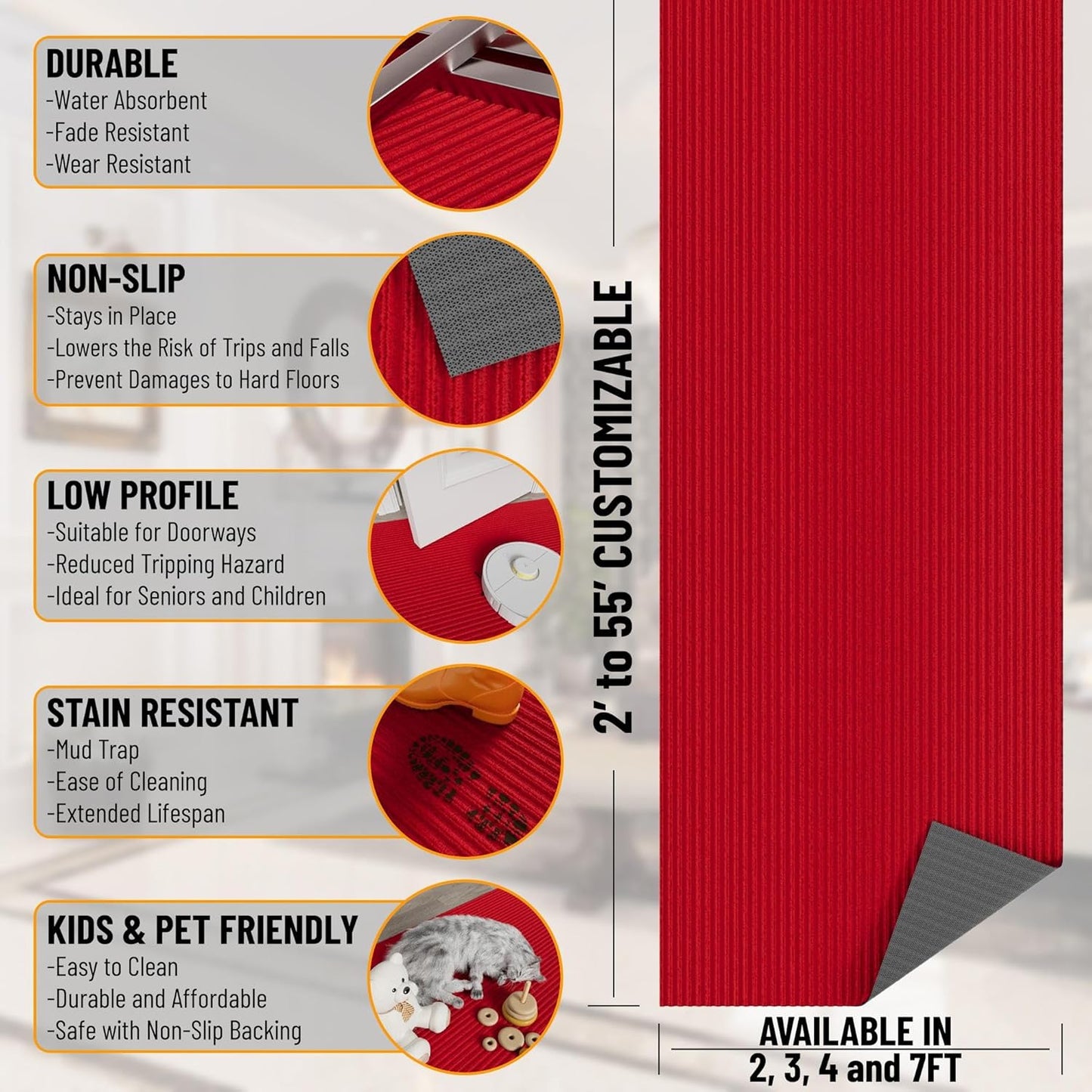 Ottomanson 2' x 12' Hallway Runner with Scraper Pile - Extra Durable Non-Slip Rug Mat for Indoor & Outdoor Use - Ideal for Kitchen, Entryway, Patio & Garage - High-Traffic Carpet, Red