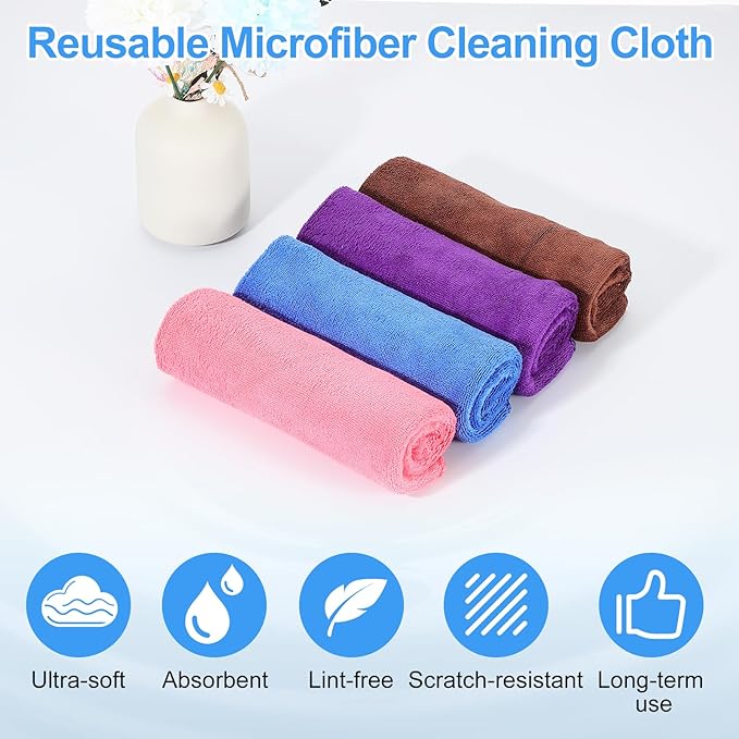 HARFINGTON 6 Pack Microfiber Cleaning Cloth, 8" x 8" Multi-Functional Cleaning Towels Reusable Absorbent Rags with Hook for Car Wash Kitchen Household Window Clean, Brown