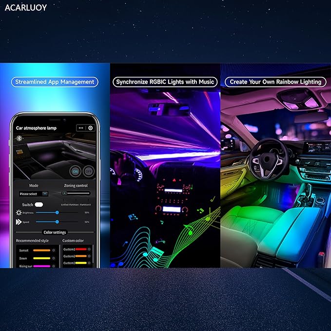 Acrylic Car LED Ambient Light, Fiber Optic Interior Light Strip, 24 Million Types, Ambient Light KKT that Swings with The Melody of Music (RGB Color 14 in 1)