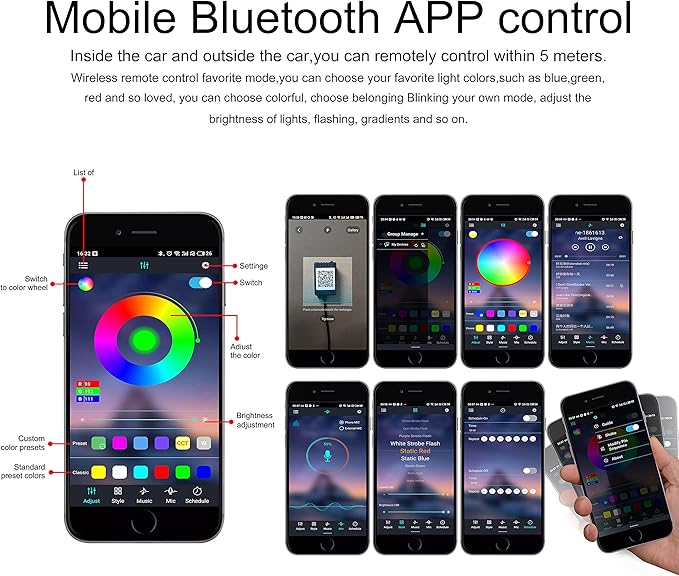 Car Interior Ambient Lighting Optic Fiber RGB 64 Colors Multicoloured Music Car Footwell Lighting Kit with Cigarette Lighter and App Microphone, 12-24V 4m