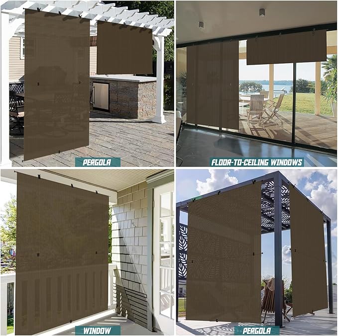 Bynbbur 5'W x 9'H Outdoor Patio Shades Foldable Roller Blinds, 220 GSM Sun Shade Roll Up Porch Screens Exterior Shade Cloth for Deck Pergola Backyard, Brown