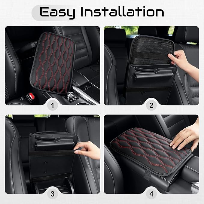 Amiss Auto Center Console Pad, Universal Waterproof Armrest Seat Box Cover, Car Interior Accessories, Leather Auto Armrest Cover Protector for Most Vehicle, SUV, Truck (Red Line)