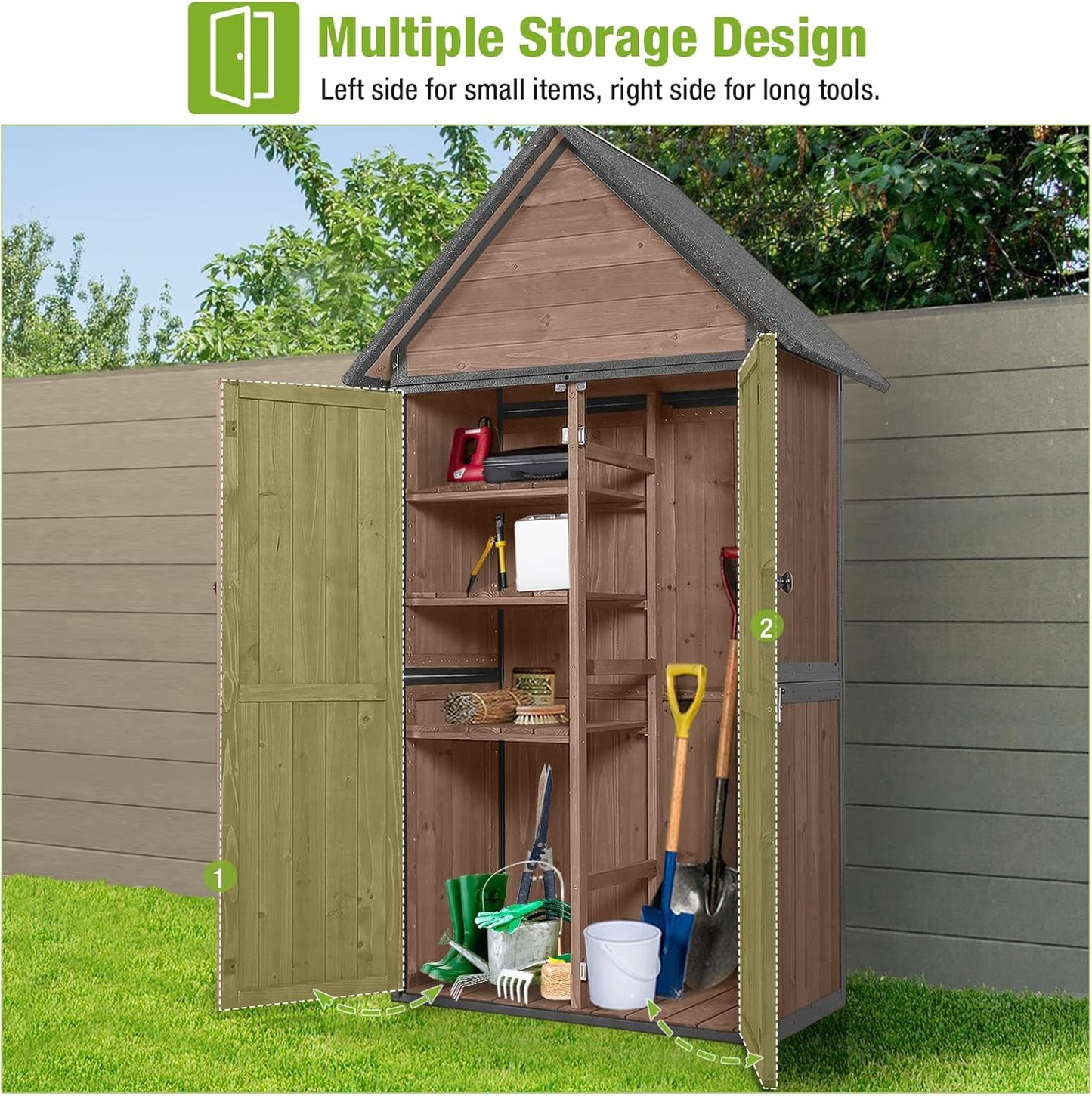 GUTINNEEN Sheds Outdoor Storage Wooden Garden Tool Shed with Metal Frame Sloped Roof and Adjustable 3 Tiers Shelves Outdoor Storage Cabinet for Backyard Garden Patio Lawn 67.1"(Dark Brown)