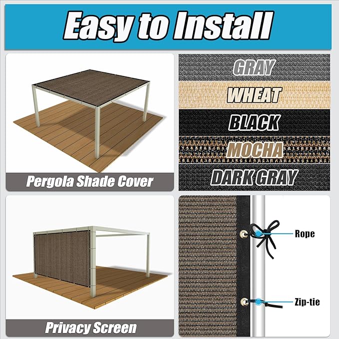 Amagenix 90% Shade Fabric 4'X 9' Mocha Sun Shade Cloth with Grommets for Pergola Replacement Shade Cover Canopy, Heavy Duty, Cable Zip Ties Included (We Customized)