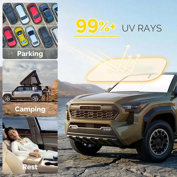 Car Sun Shade for 2016-2024 2025 2026 Toyota Tacoma Windshield Sun Shade, Sun Visor Windshield Screen Cover for Tacoma Front Window Sunshade Foldable Auto Interior Accessories UV Block to Keep Cool