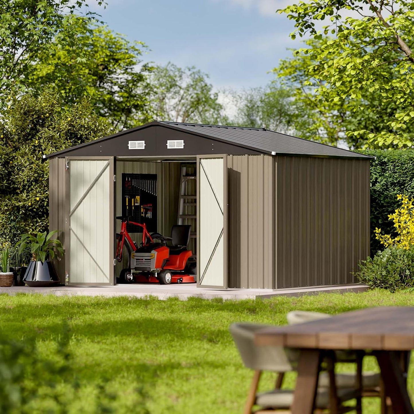 Patiowell 10 x 8 FT Outdoor Storage Shed, Large Garden Tool Metal Shed with Sloping Roof and Double Lockable Door, Outdoor Shed for Backyard Garden Patio Lawn, Brown