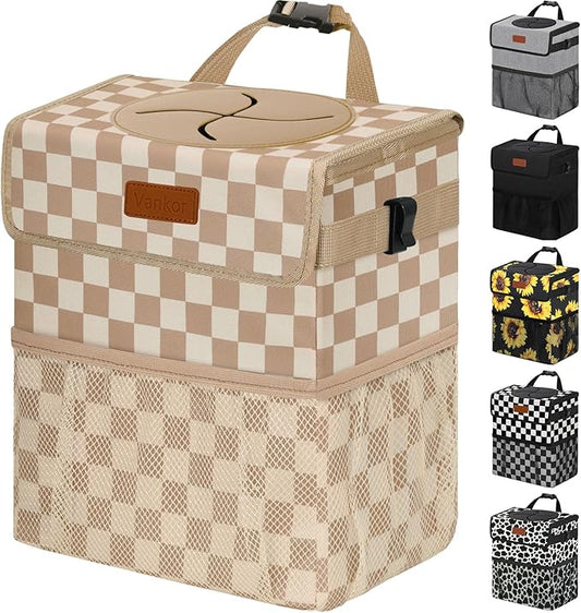 Car Trash Can Bin with Lid Hanging for Back Seat, Car Accessories for Women Men Leak Proof Automotive Garbage Cans Leakproof Vehicle Trash Can for Truck SUV,Khaki Checkered