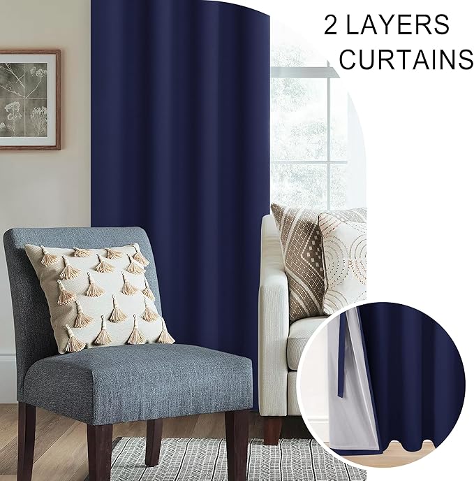 XWZO 100% Blackout Curtains 84 Inches Long with Tiebacks- Noise Blocking & Energy Efficiency Window Draperies Grommet Top with Black Liner for Bedroom/Living Room, Navy Blue, W60 x L84, Set of 2