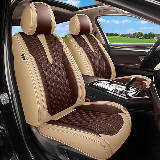 Breathable Car Seat Covers for Nissan Juke 2017 2016 2015 2014 2013 2012 2011, Perforated Leather Full Set 5 Seats, for Nissan Juke Accessories (Beige&Brown)