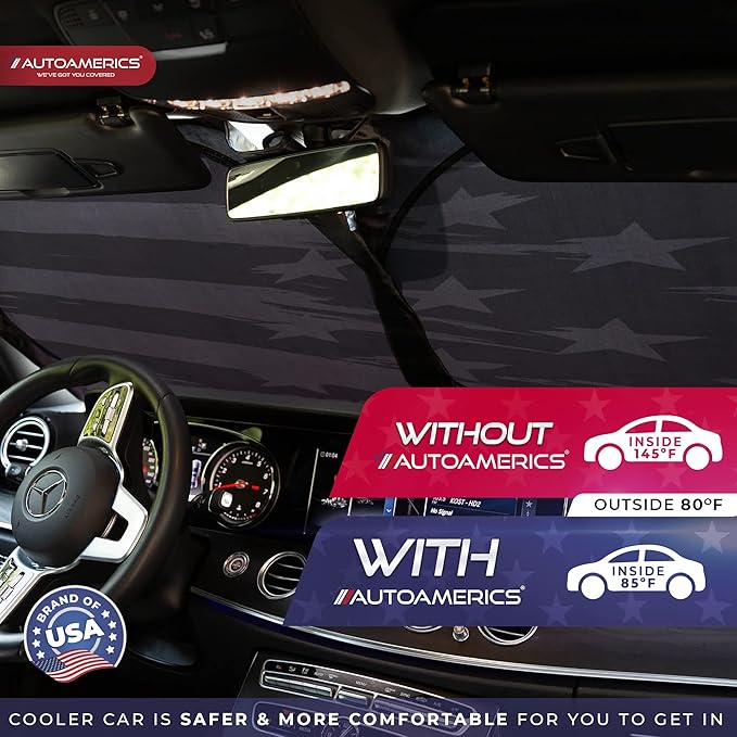 Autoamerics 1-Piece Windshield Sun Shade B&W Art American Flag USA Design - Foldable Car Front Window Sunshade for Most Sedans SUV Truck - Blocks Max UV Rays and Keeps Your Vehicle Cool - Medium