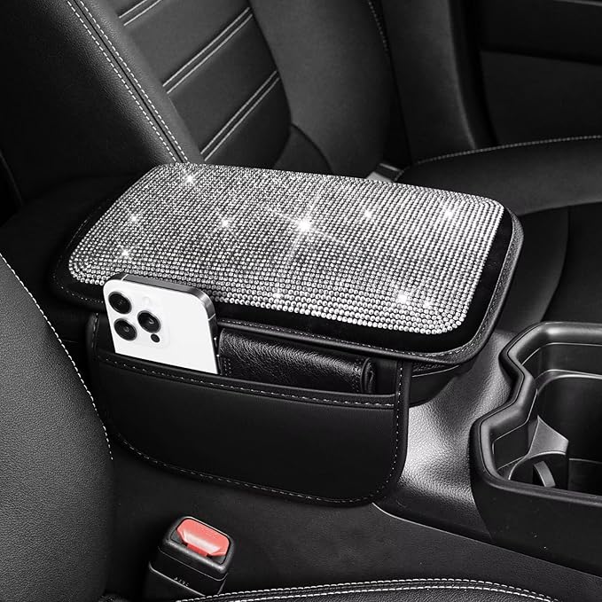 Bling Center Console Cover Fit for Toyota Avalon with 2 Storage Bags Fully Diamond-Studded Style Center Console Armrest Cover with Total Protection(Silver Diamond)