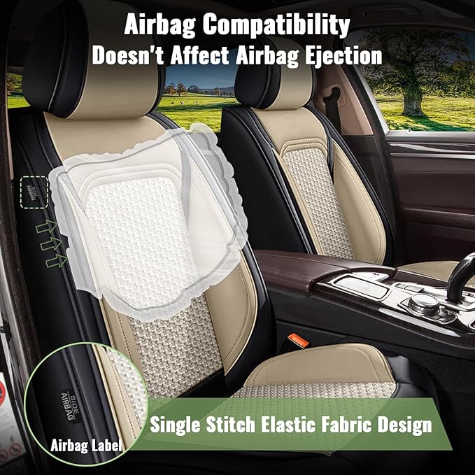 Car Seat Covers Front Seats for Mazda CX5 CX 5 2013-2025 2026, Breathable Cooling Ice Silk Leather Car Seat Covers, 2 Seats for Mazda CX-5 Accessories (Black&Beige)