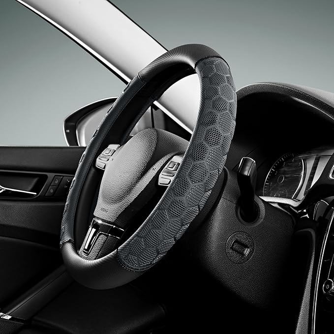 PIC AUTO Massage Steering Wheel Cover, Gray Football Pattern Material Spliced Leather Car Steering Wheel Protector, Car Interior Accessories, Universal Fit 14.5"-15.5" for Cars, Trucks, Van, SUV