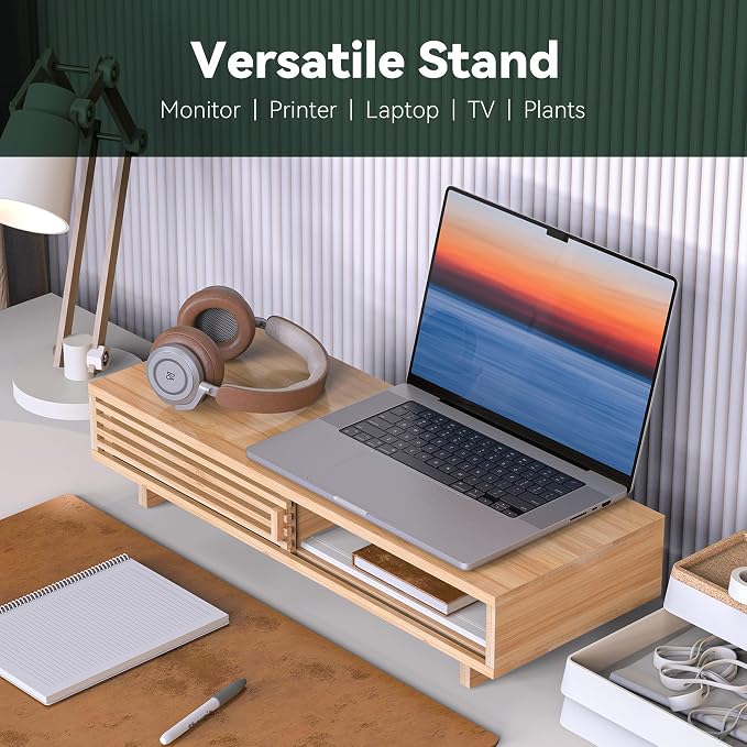 Monitor Stand Riser with Sliding Door, Computer Laptop Stand Desk Shelf