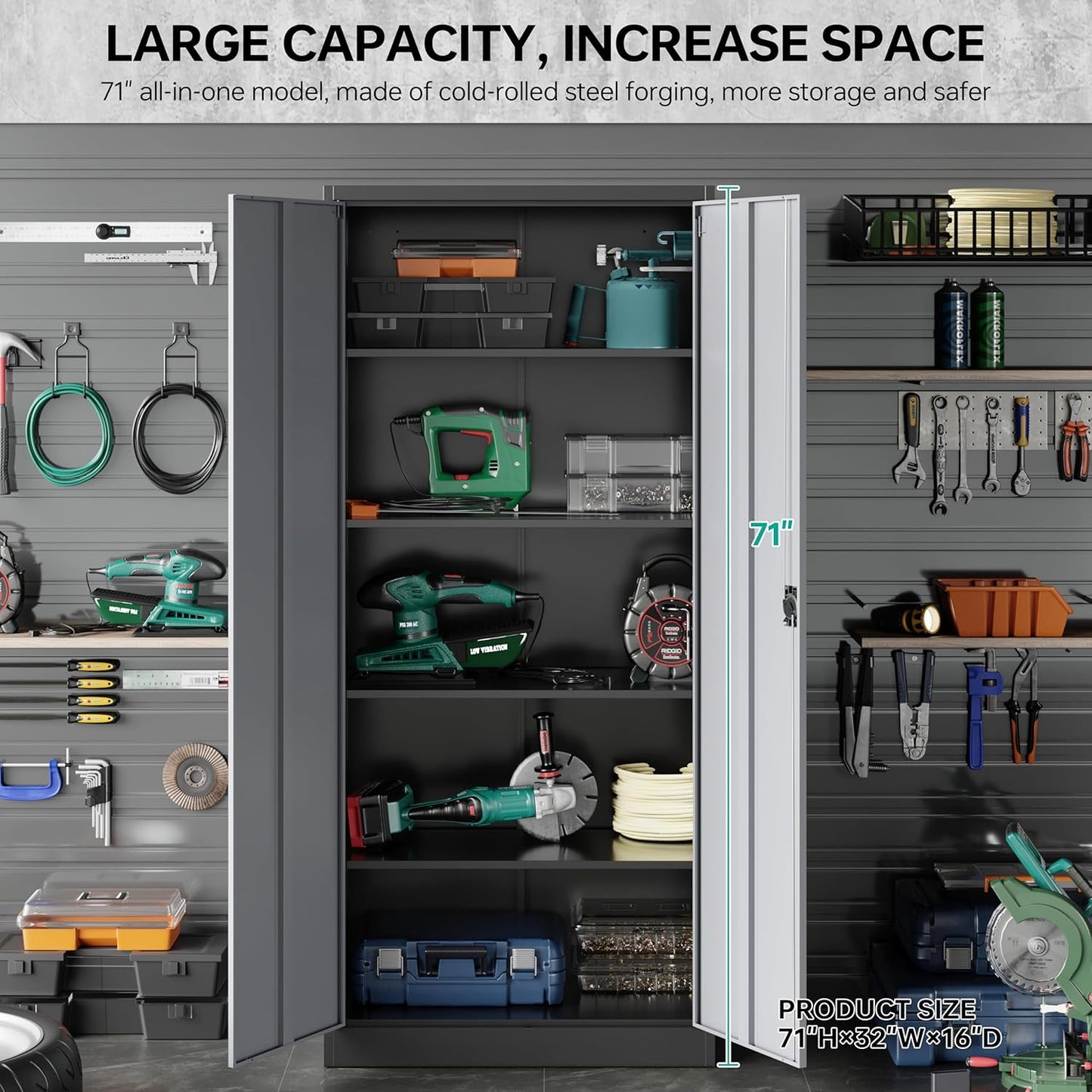 SISESOL Metal Storage Cabinet with 2 Doors and 6 Shelves,Gray Metal Cabinet with Lock,71" Lockable Garage Storage Cabinets,Locking Steel Cabinets for Home,Office,Garage,School