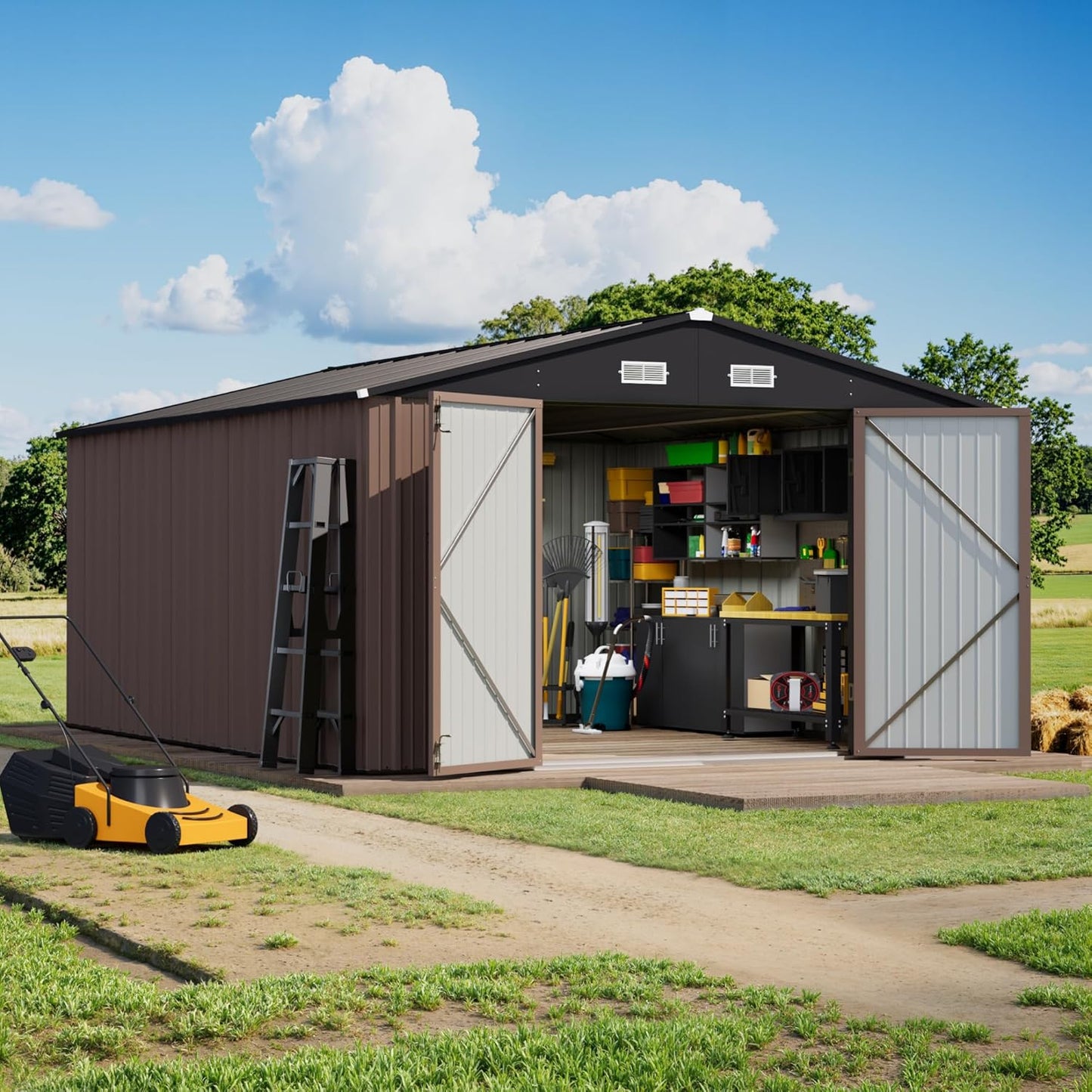 Greesum 10×14 FT Outdoor Storage Shed, Metal Storaged Sheds Without Floor, Tool Sheds with Lockable Doors and Sloping Roof for Garden, Patio, Backyard, Brown