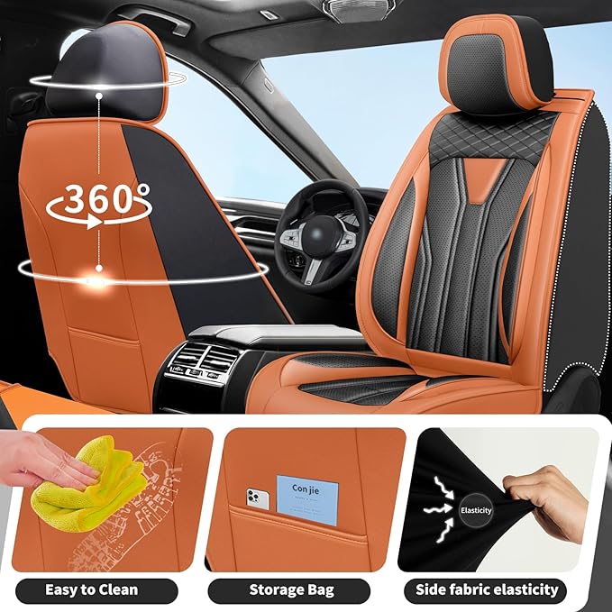 Fit Tucson Car Seat Covers Premium Leather for Hyundai Tucson 2010-2025 2026. Waterproof， Breathable, Scratch-Resistant & All-Weather Seat Cushion Protector (Full Set, Orange&Black)