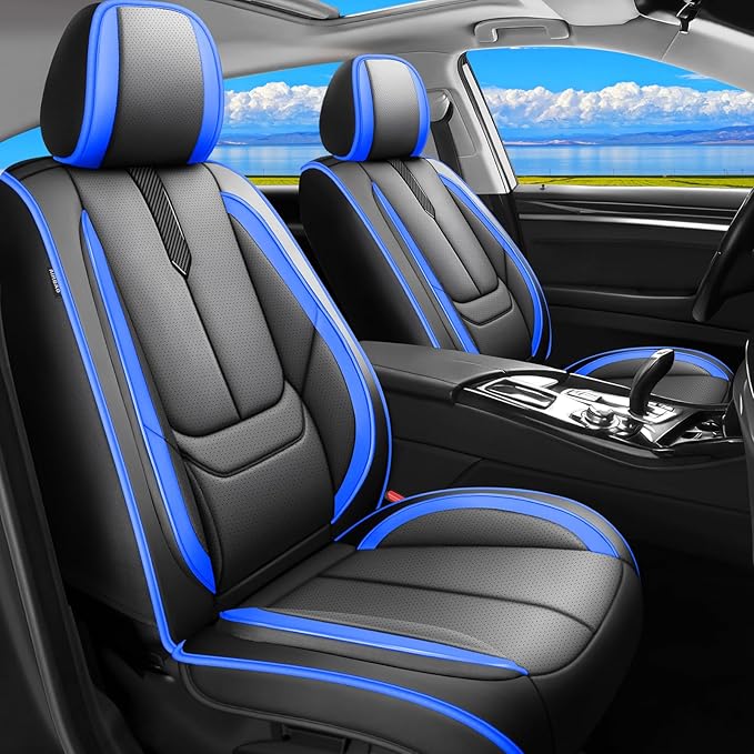 Fit Honda Fit Car Seat Covers for Honda Fit 2007-2019 2020-Upgraded Premium Waterproof & Breathable Leather,Airbag Compatible,All-Weather Seat Cushion Protector,2 Front/Black-Blue