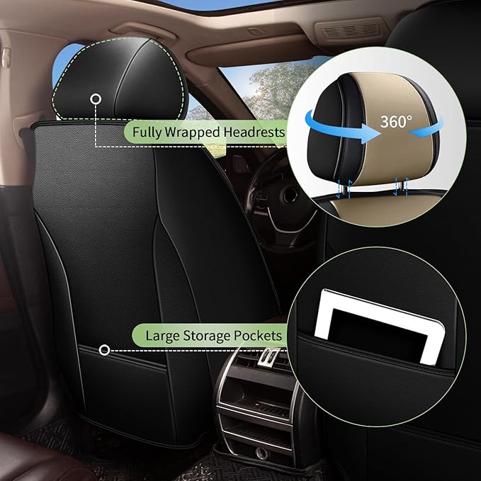 Car Seat Covers Front Seats for Subaru Ascent 2019-2024 2025 2026 - Breathable Cooling Ice Silk Leather Seat Cover - 2 Seats for Subaru Ascent Accessories (Black&Beige)