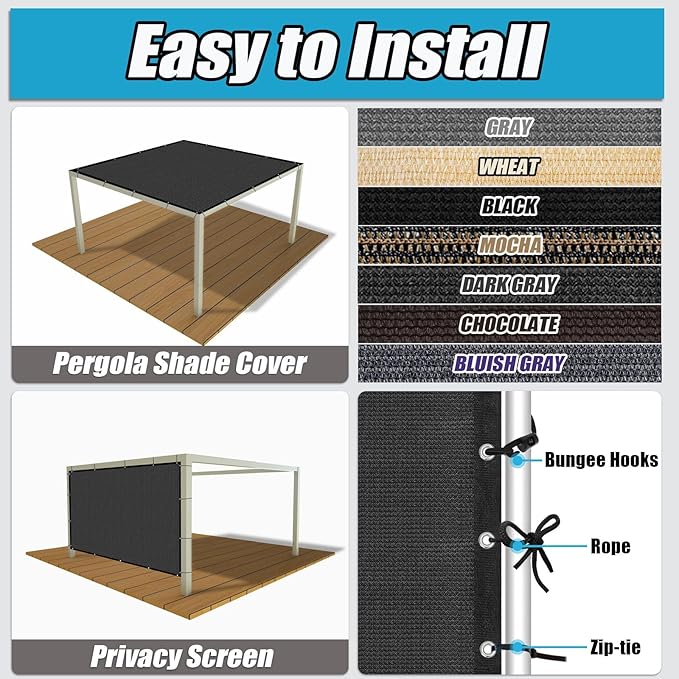 Amagenix 90% Sun Shade Cloth with Grommets, 10' x 10' Pergola Replacement Shade Cover Canopy Privacy Screen for Outdoor Patio Garden, Dark Gray (We Customized)